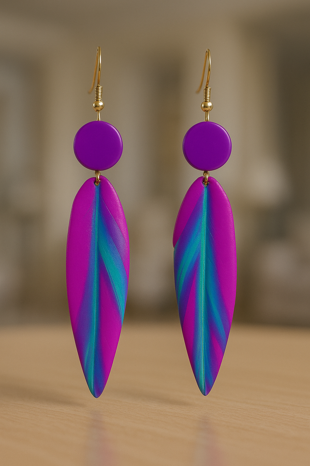 Purple iridescent feather earrings