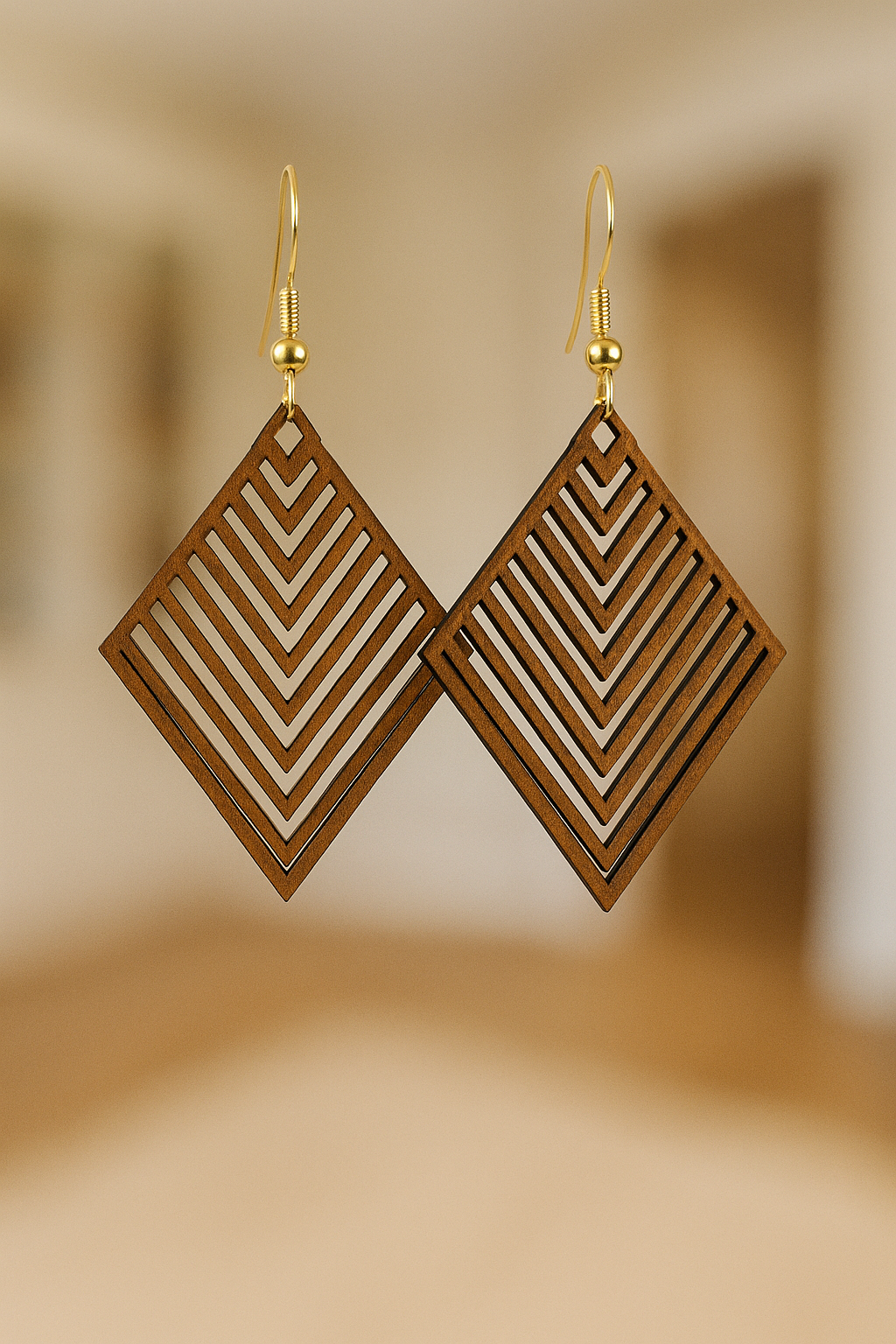 Wood geometric diamond earrings