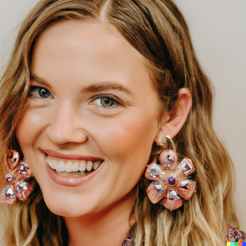 DALL·E 2023-05-27 06.33.50 - Fashion magazine photograph of a white woman smiling and enjoying wearing a pair of medium earrings that are easy to see