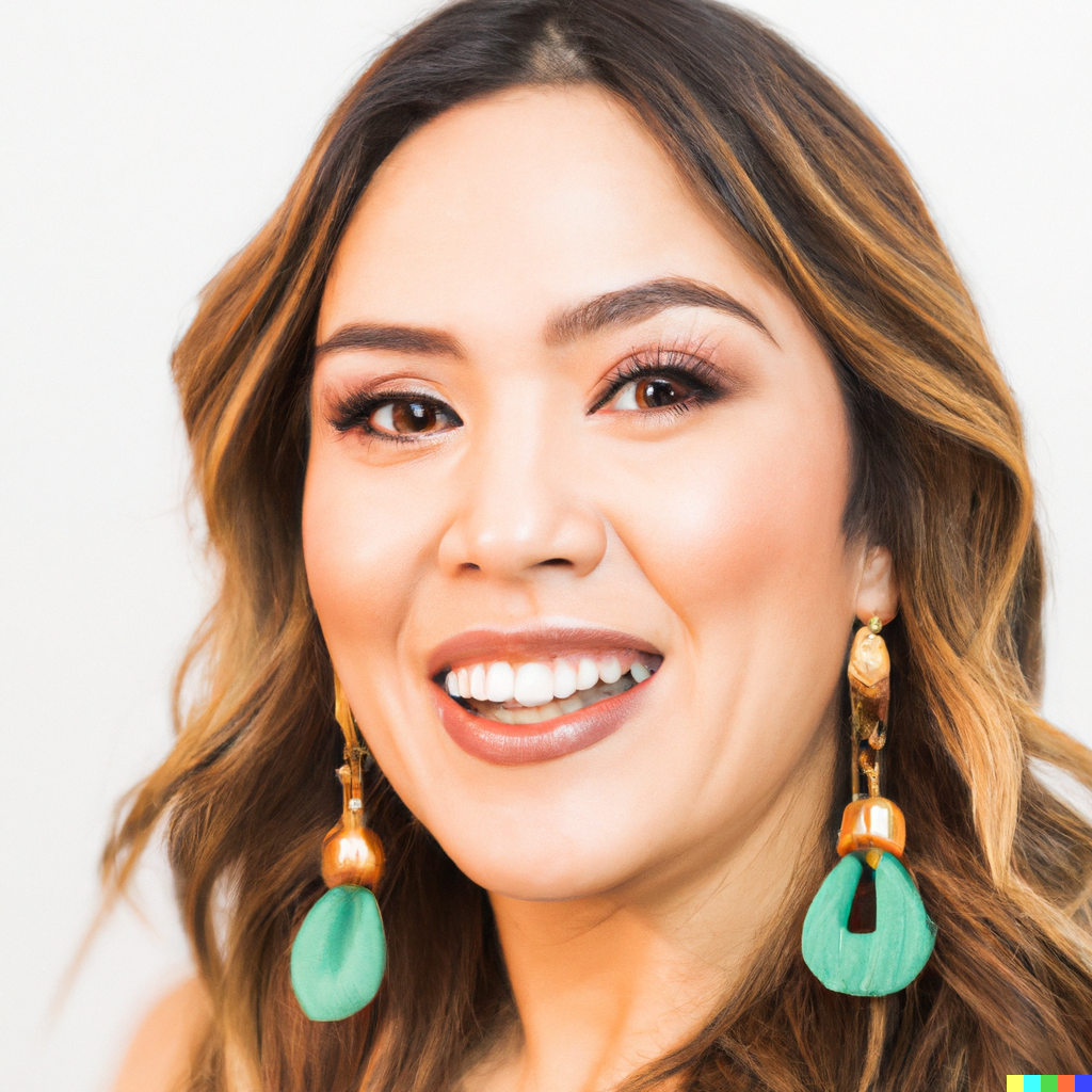 DALL·E 2023-05-27 06.34.36 - Fashion magazine photograph of a hispanic woman smiling and enjoying wearing a pair of medium earrings that are easy to see