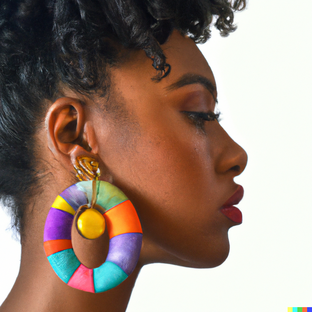 DALL·E 2023-05-27 06.38.26 - Photo realistic image of a black woman wearing a big bold colorful earring the photo is taken from the side just showing a close up. The background i