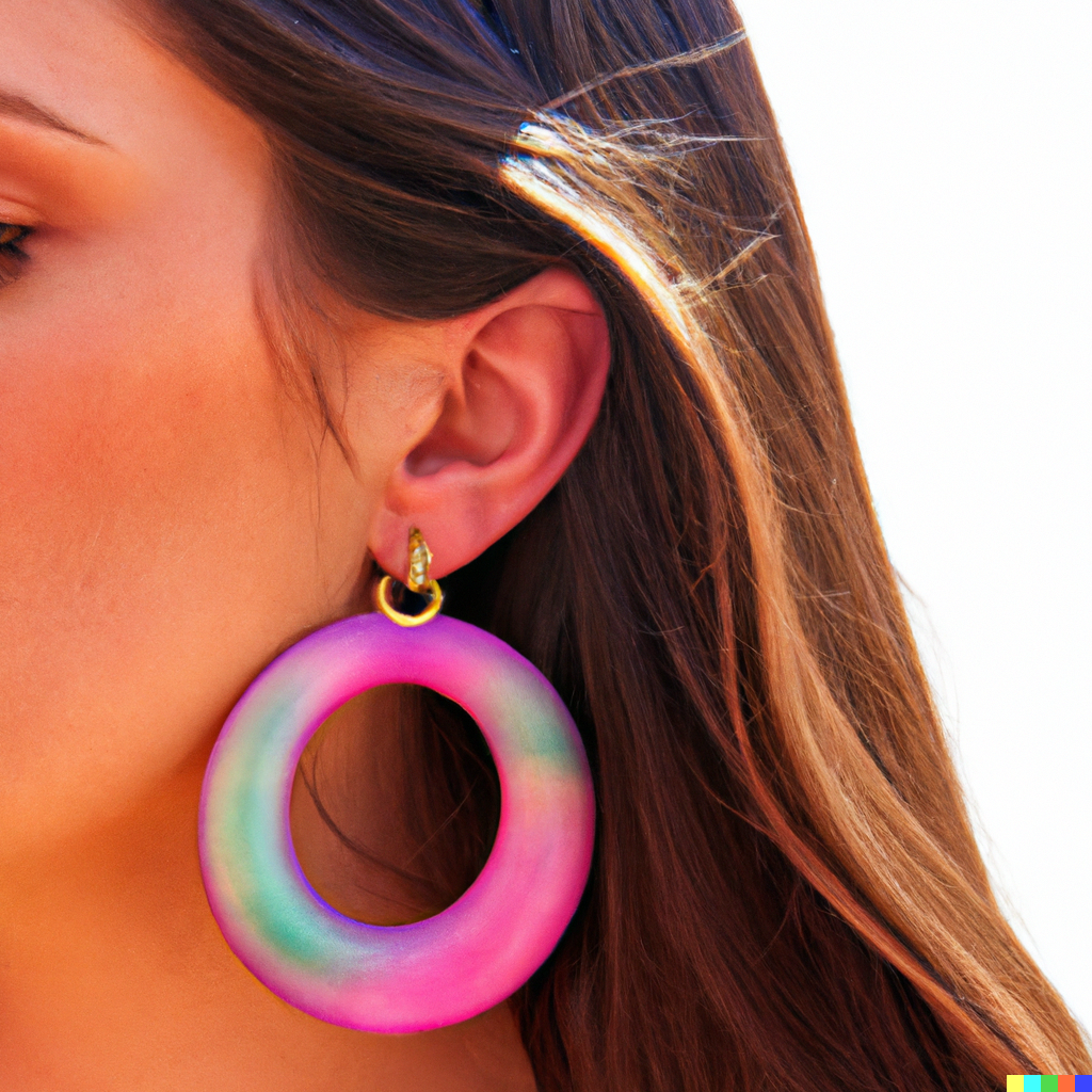 DALL·E 2023-05-27 06.39.32 - Photo realistic image of a woman wearing a big bold colorful earring the photo is taken from the side just showing a close up. The background is whit