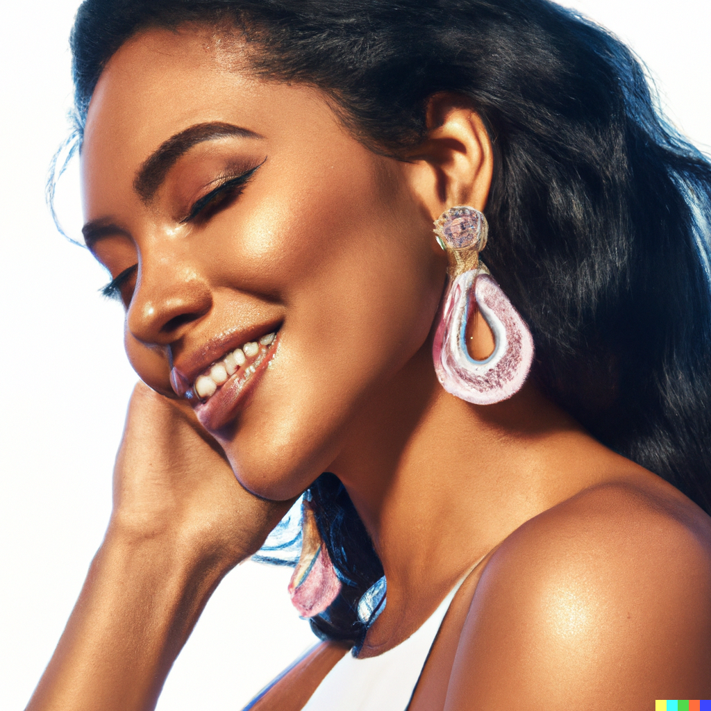 DALL·E 2023-05-27 07.43.40 - A glamorous photo of a black woman smiling and wearing a pair of statement earrings. The earrings are easy to see in the photograph. The background is