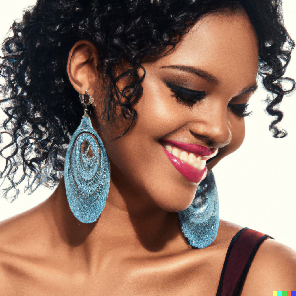 DALL·E 2023-05-27 07.44.08 - A glamorous photo of a black woman smiling and wearing a pair of statement earrings. The earrings are easy to see in the photograph. The background is