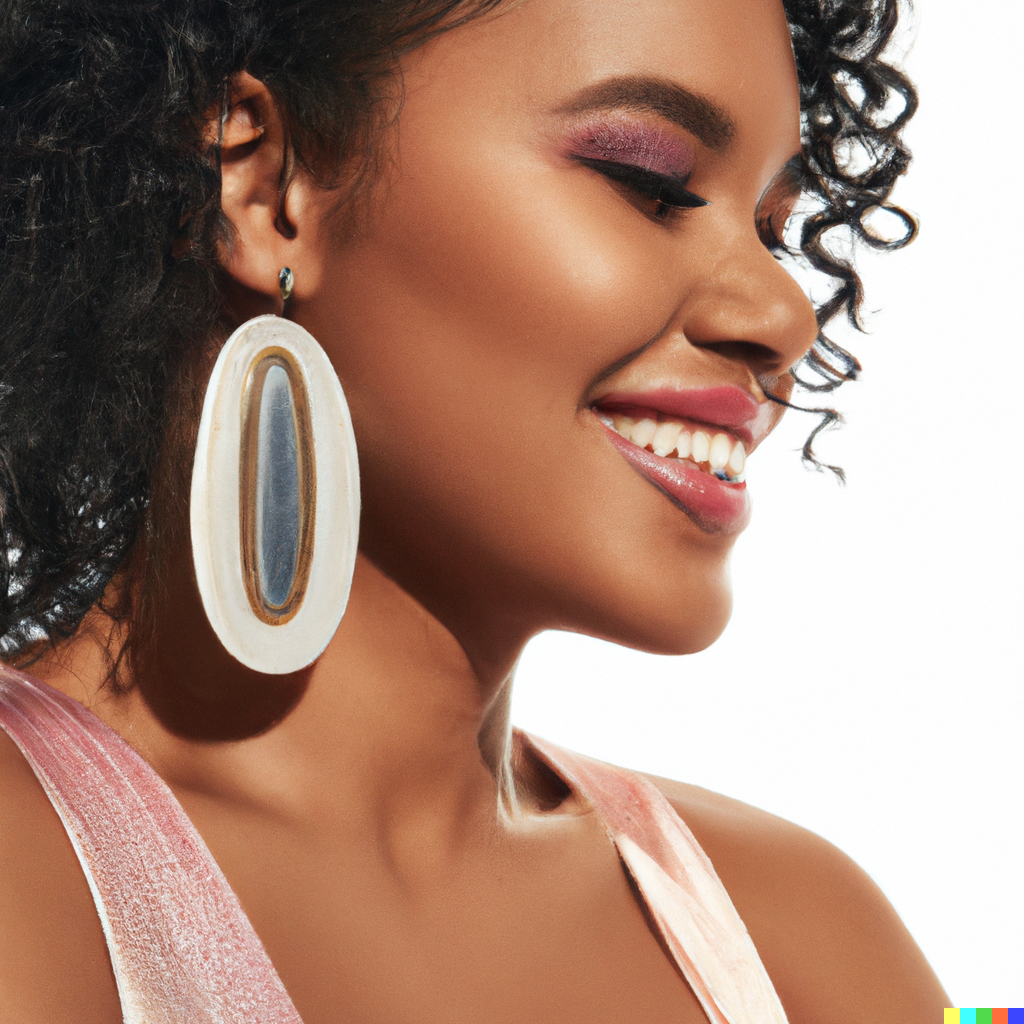 DALL·E 2023-05-27 07.44.16 - A glamorous photo of a black woman smiling and wearing a pair of statement earrings. The earrings are easy to see in the photograph. The background is