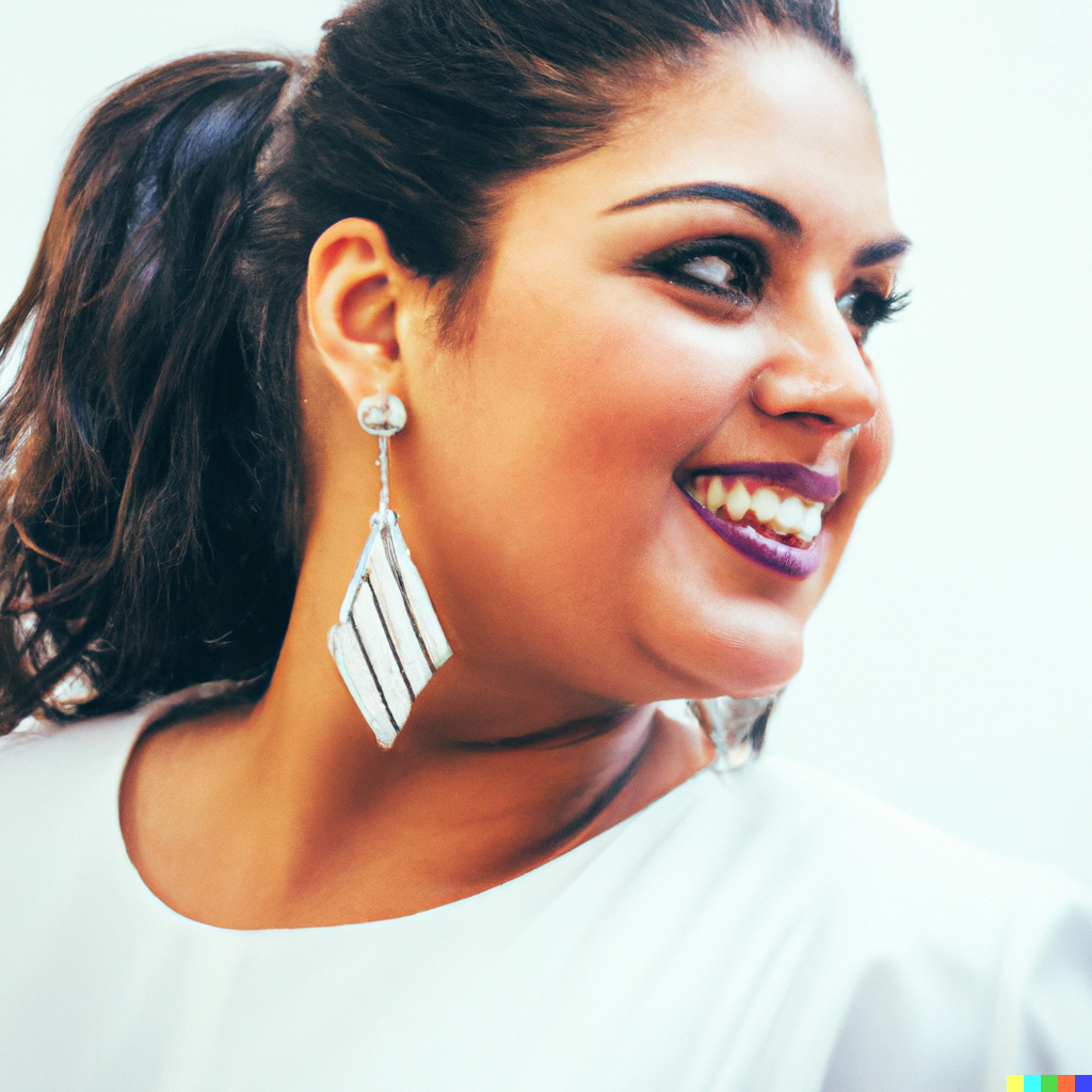 DALL·E 2023-05-27 07.53.45 - A glamorous photo of a egyptian woman smiling and wearing a pair of statement earrings. The earrings are easy to see in the photograph. The background