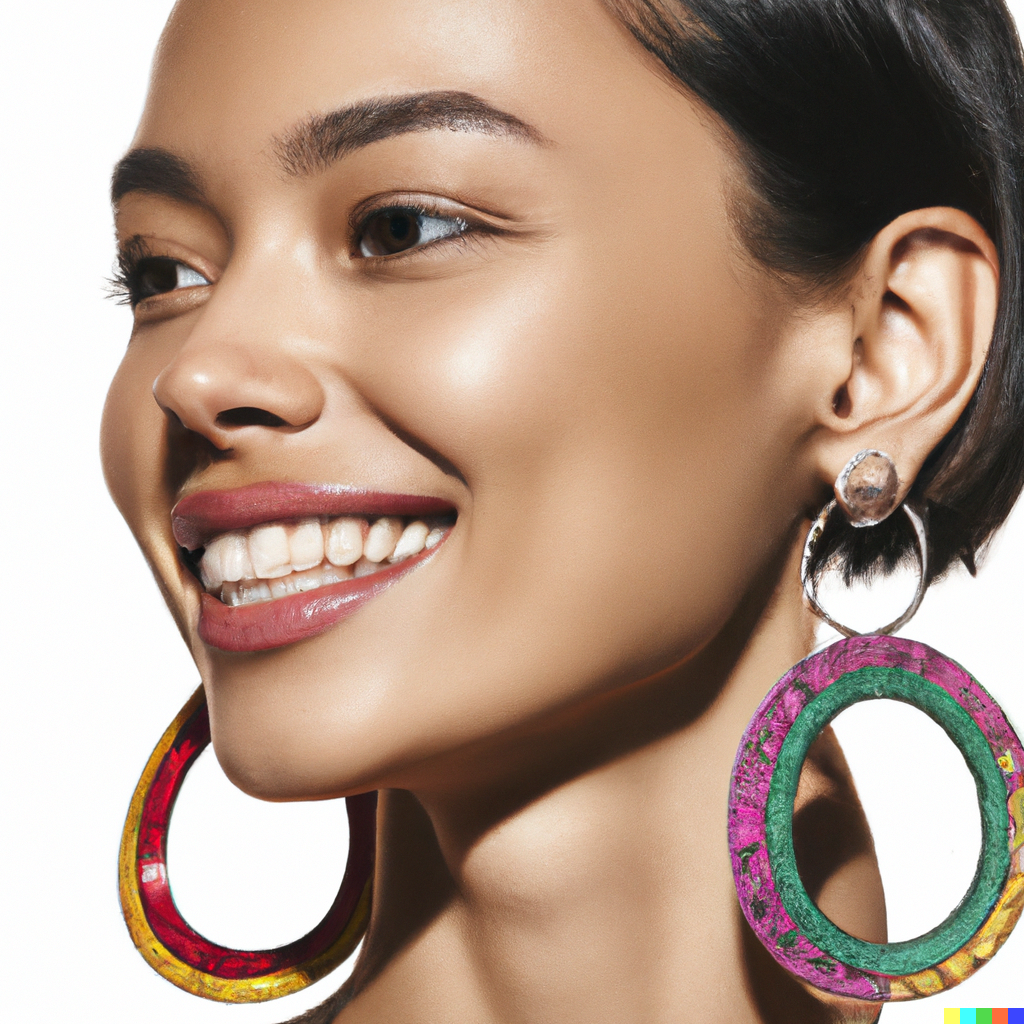 DALL·E 2023-05-27 08.57.31 - A glamorous photo of a woman smiling and wearing a pair of statement earrings. The earrings are easy to see in the photograph. The background is whit