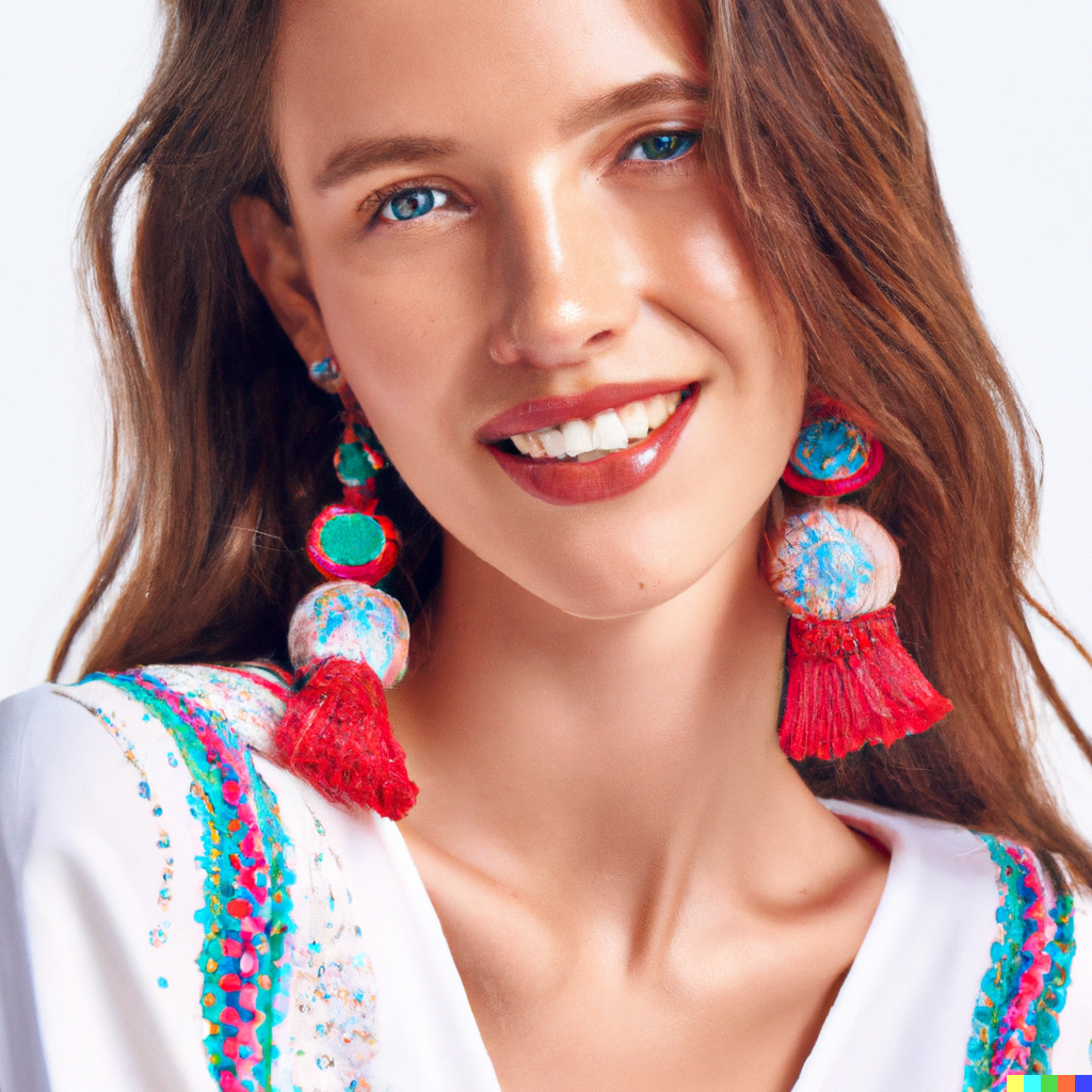 DALL·E 2023-05-27 09.02.32 - A glamorous photo of a russian woman smiling and wearing a pair of statement earrings. The earrings are easy to see in the photograph. The background