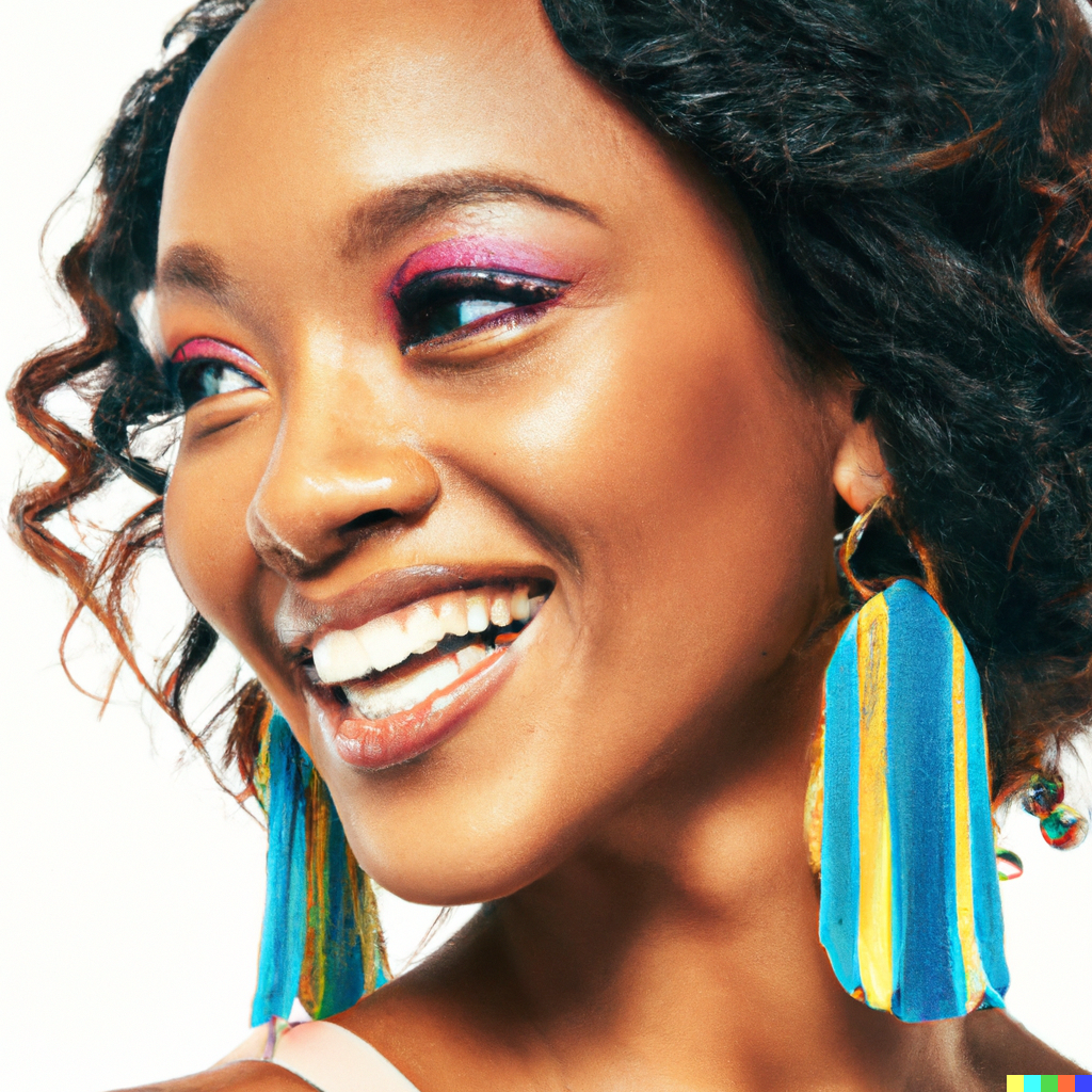 DALL·E 2023-05-27 09.04.47 - A glamorous photo of a black woman smiling and wearing a pair of statement earrings. The earrings are easy to see in the photograph. The background is