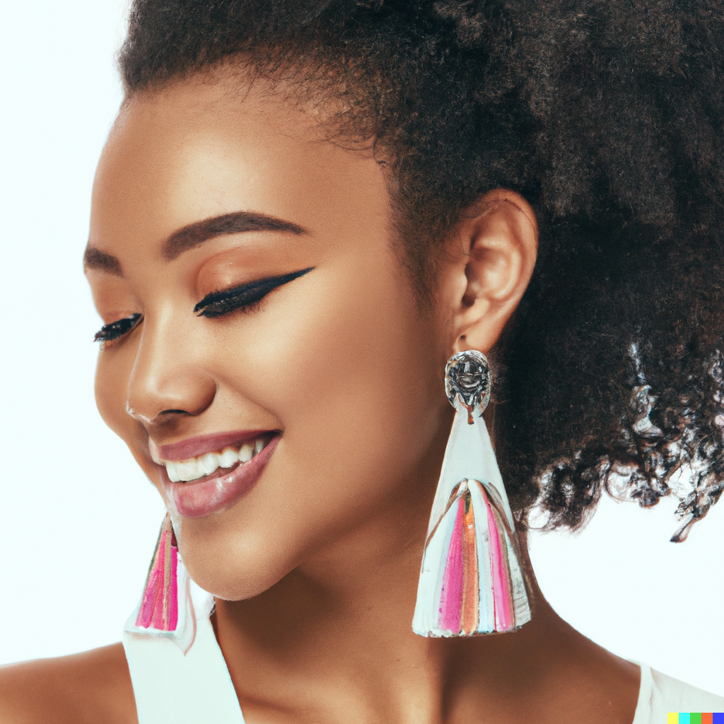 DALL·E 2023-05-27 09.05.36 - A glamorous photo of a black woman smiling and wearing a pair of statement earrings. The earrings are easy to see in the photograph. The background is