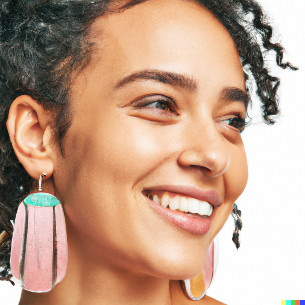 DALL·E 2023-05-27 09.08.43 - A glamorous photo of a woman smiling and wearing a pair of statement earrings. The earrings are easy to see in the photograph. The background is white